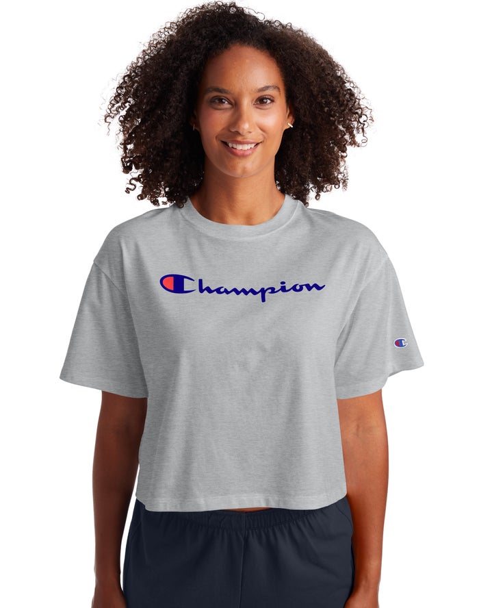 Champion Womens T-Shirt NZ - Cropped Script Logo Grey ( 3740-BWFKR )